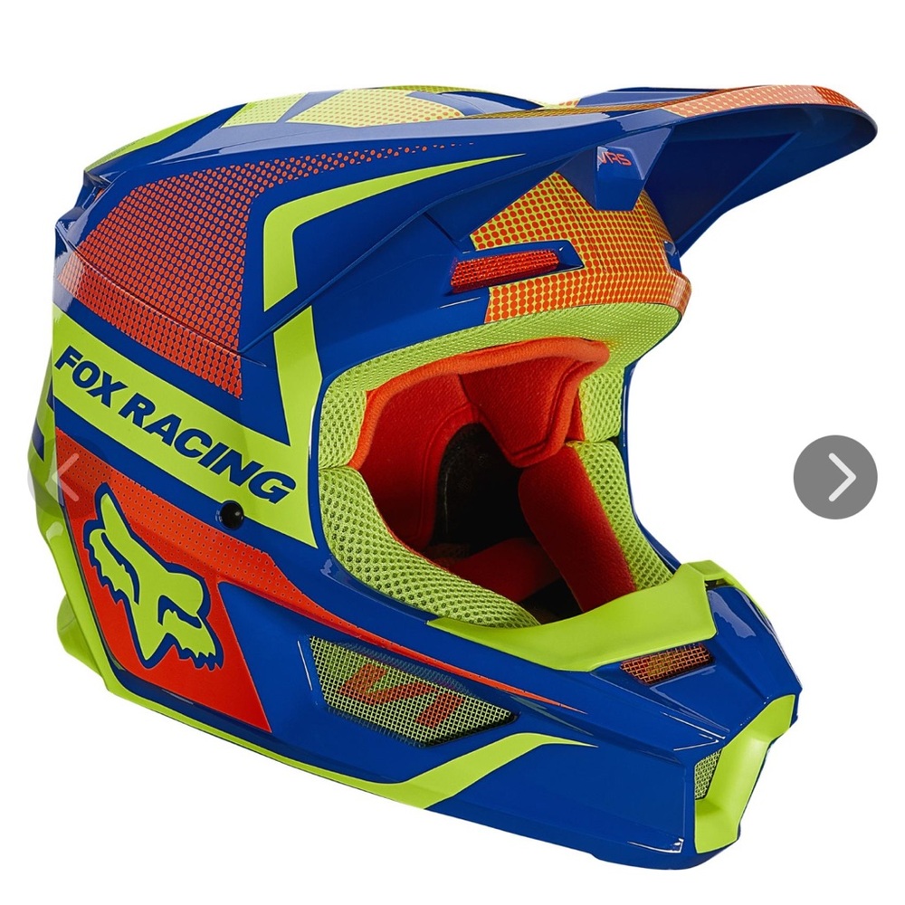 Fox Racing YL Bundle - Blue-Neon Green Helmet with Racing Gear Shirt/Pants/Pads